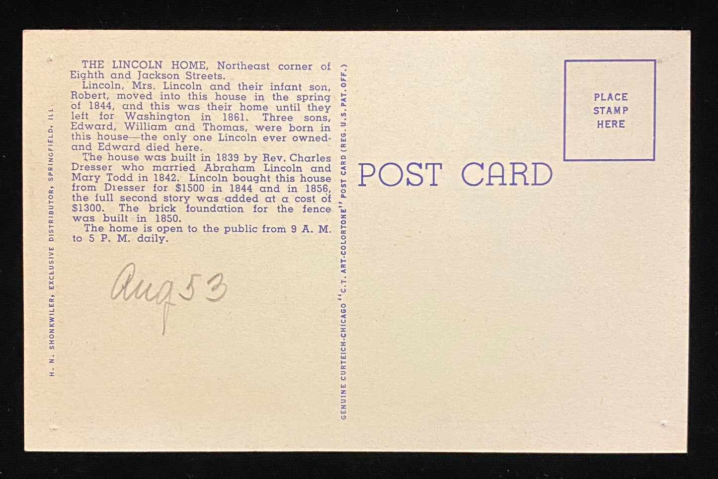 Abraham Lincoln's Home - 1844-1861 - Springfield, Illinois - 1949 Linen Postcard