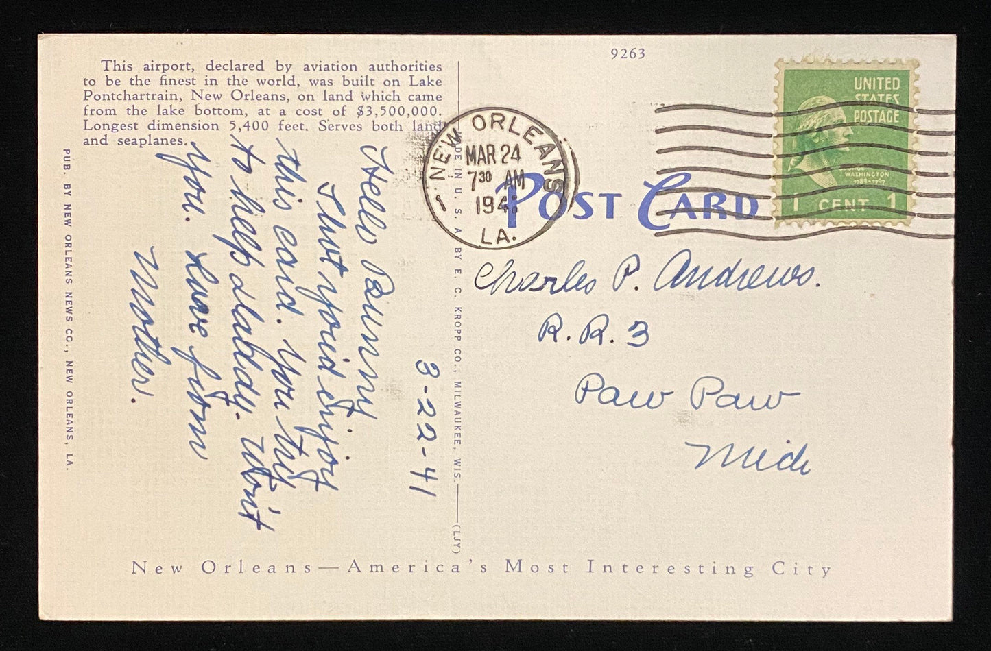 Lindbergh Hangar, New Orleans Airport, New Orleans, Louisiana - 1930s Linen Postcard