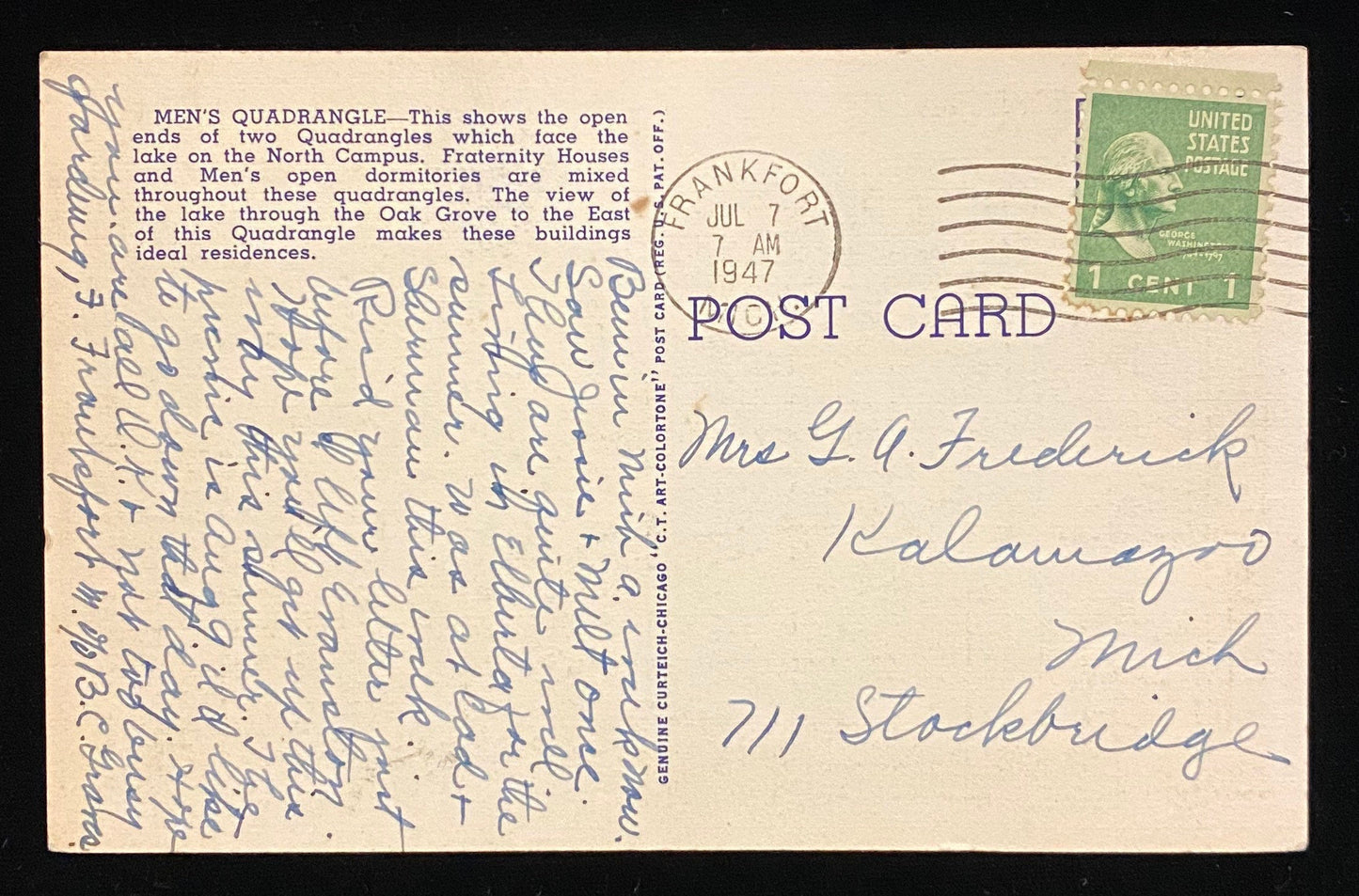 Men's Quadrangle, Northwestern University, Evanston, Illinois - 1937 Linen Postcard