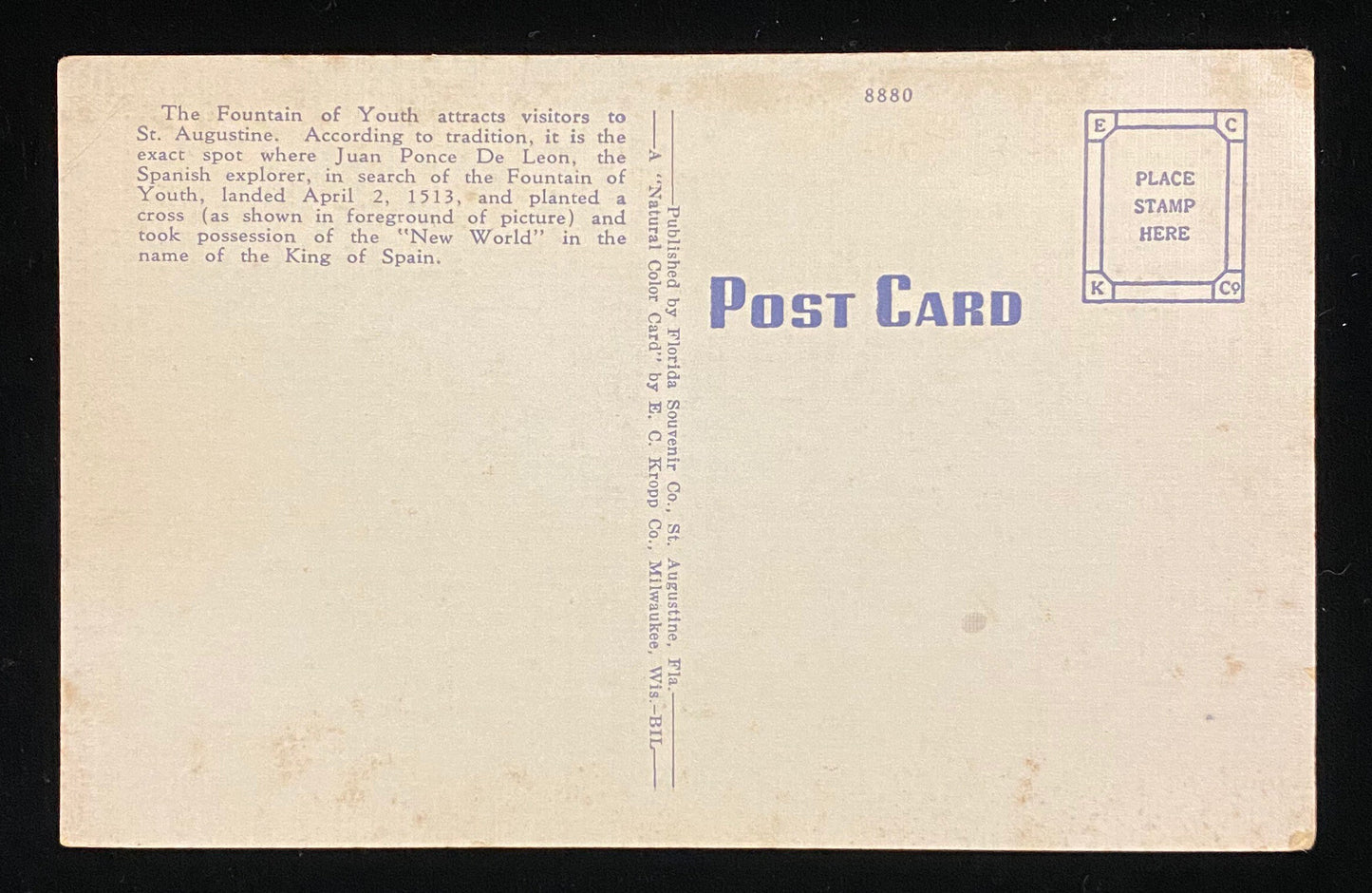 The Fountain of Youth - St. Augustine, Florida - 1940s Linen Postcard