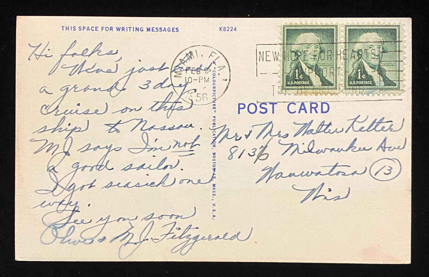 S.S. Queen of Nassau - Miami, Fla., to Nassau - 1940s Linen Postcard