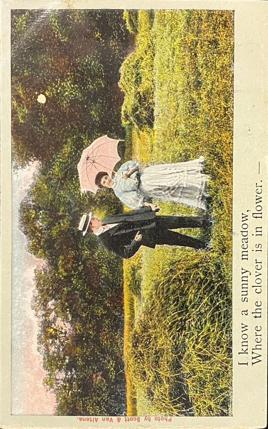I know a sunny meadow, Where the clover is in flower - Funny/Satirical Vintage Postcard