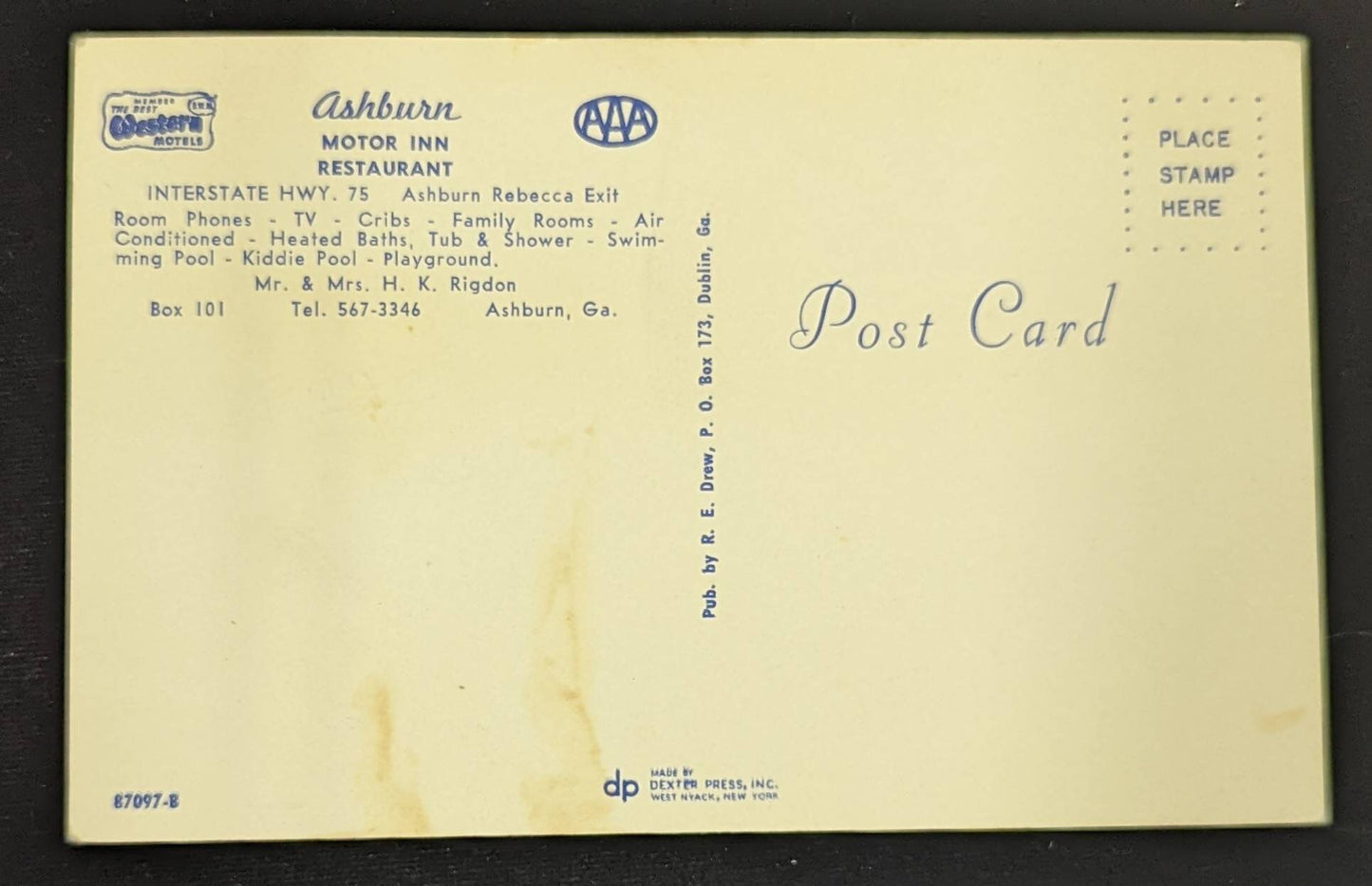 Ashburn Motor Inn Restaurant Hotel/Motel, Ashburn, Georgia - Vintage Postcard