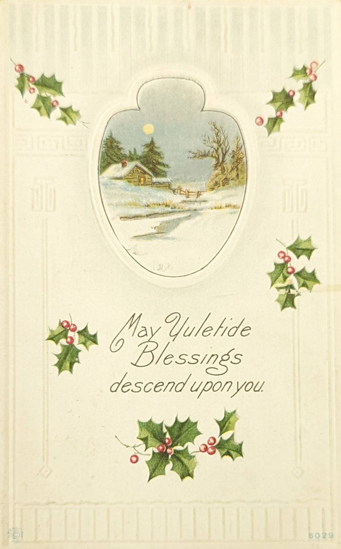 May Yuletide Blessings Descend Upon You - Vintage Embossed Christmas Postcard