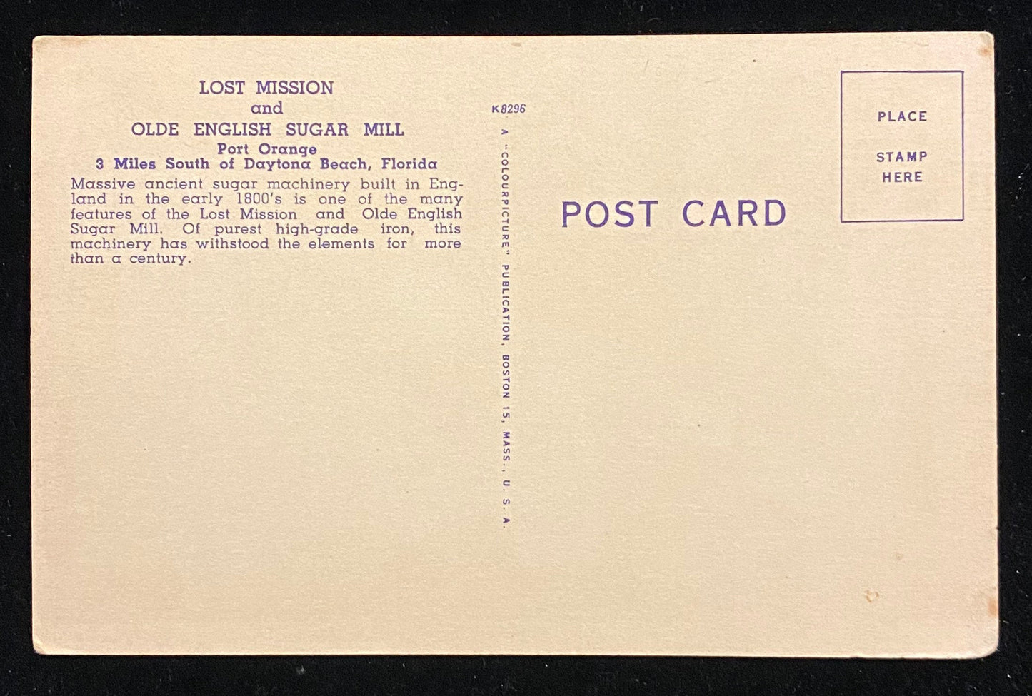 Sugar Cane Crusher - Lost Mission and Olde English Sugar Mill - Port Orange, Florida - 1940s Postcard