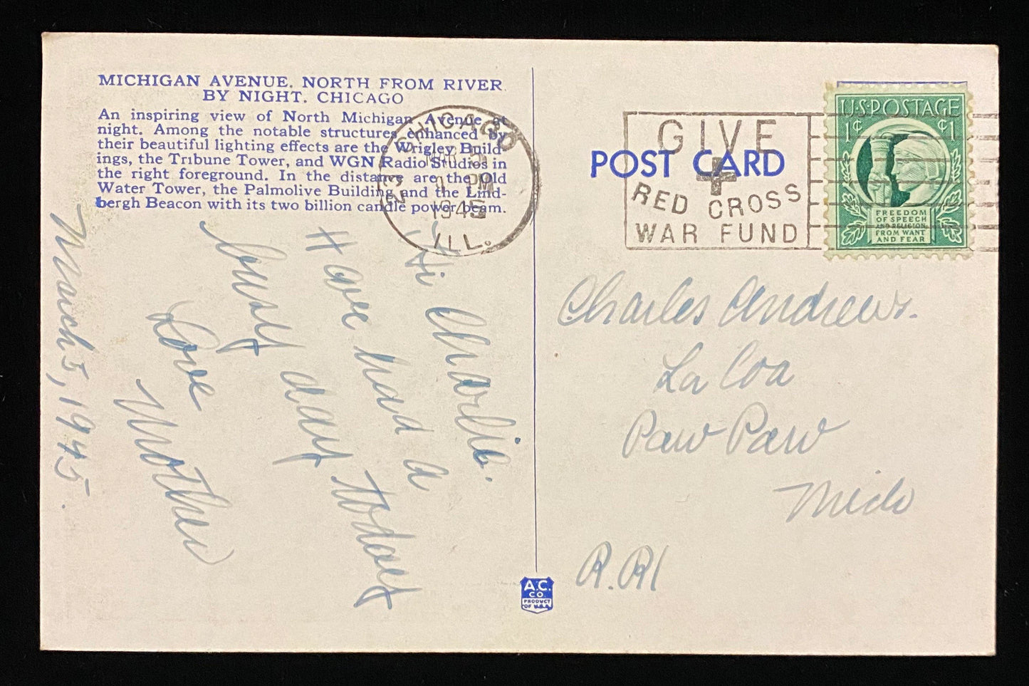 Michigan Ave., North From River, By Night, Chicago, Illinois - Vintage Postcard
