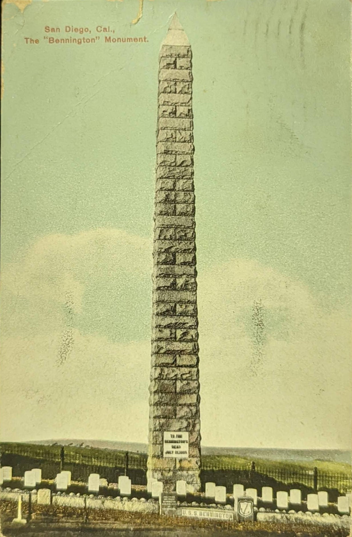 The "Bennington" Monument - San Diego, California - Vintage Postcard