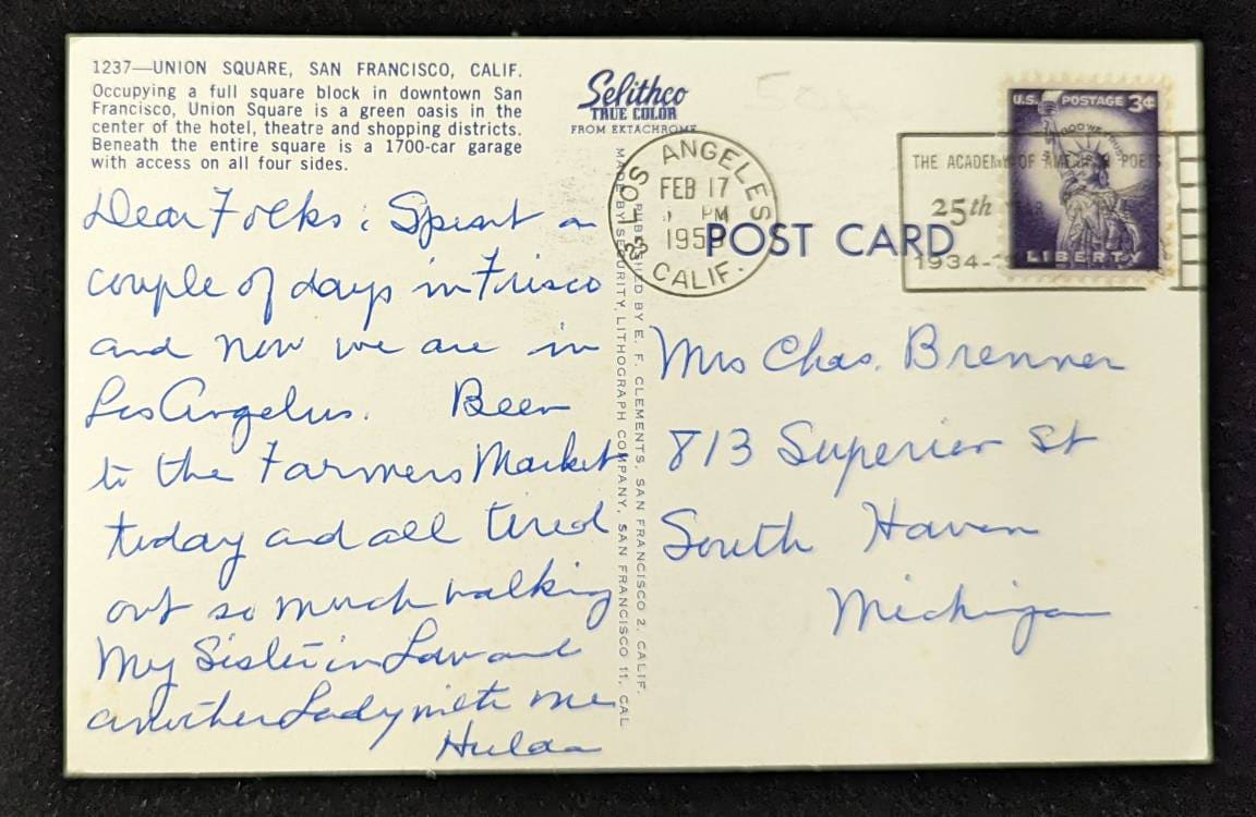 Union Square - San Francisco, California - Vintage Postcard