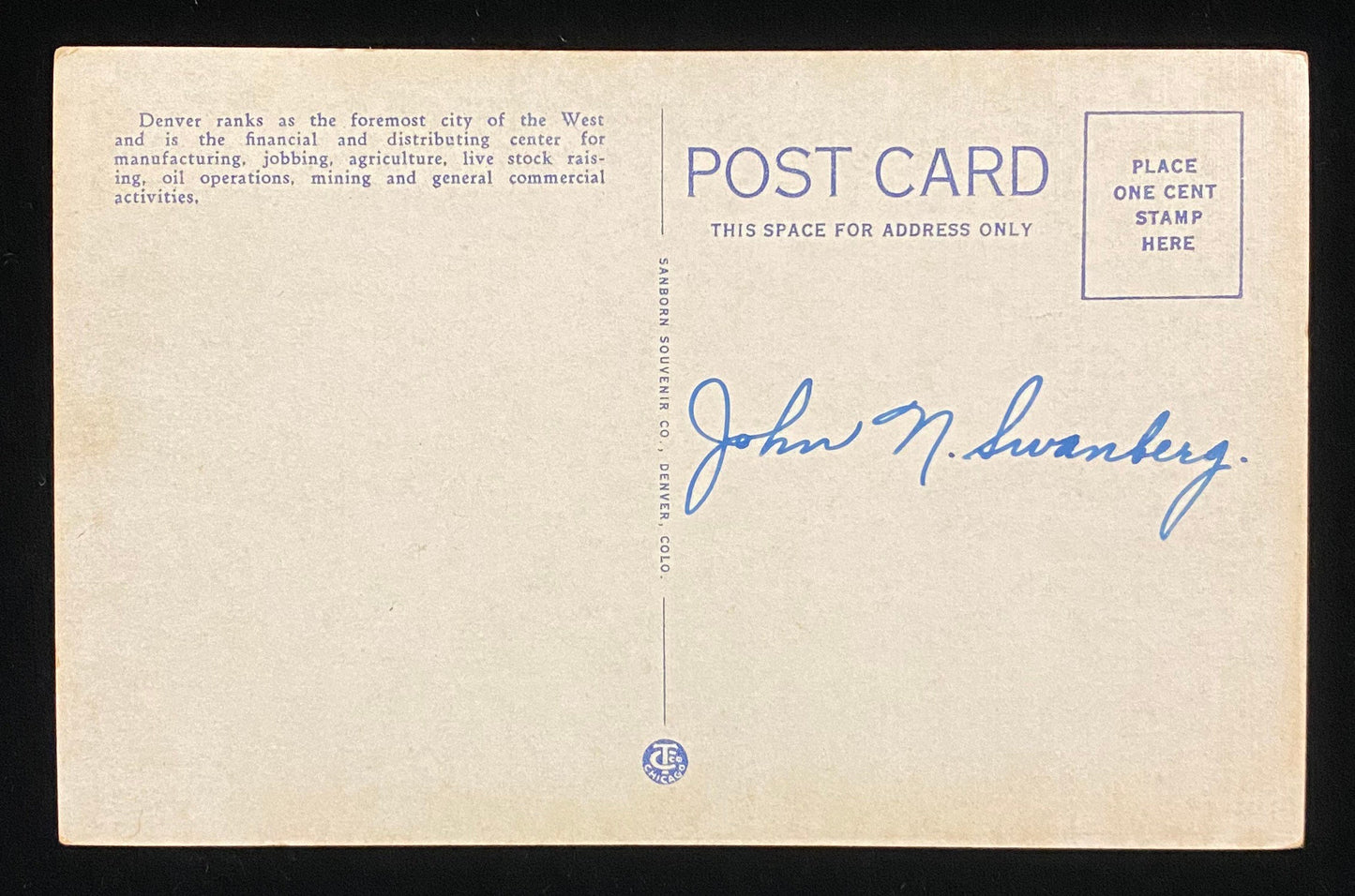 Aeroplane View of Business District, Denver, Colorado - Linen Postcard