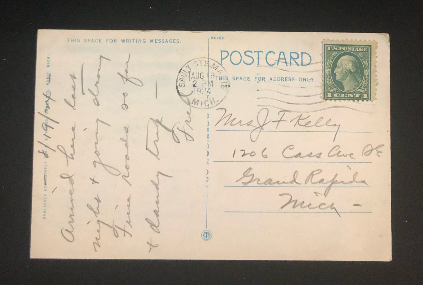 Davis Lock Soo Michigan, Green 1921 Washinton 1 Cent Stamp, with airplane Vintage Post Card