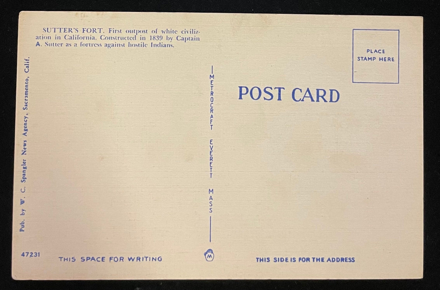 Sutter's Fort and St. Francis Church - Sacramento, California - 1940s Linen Postcard