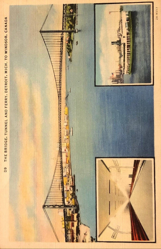 The Bridge - Tunnel and Ferry - Detroit, Mich to Windsor, Canada - International 1930s Postcard