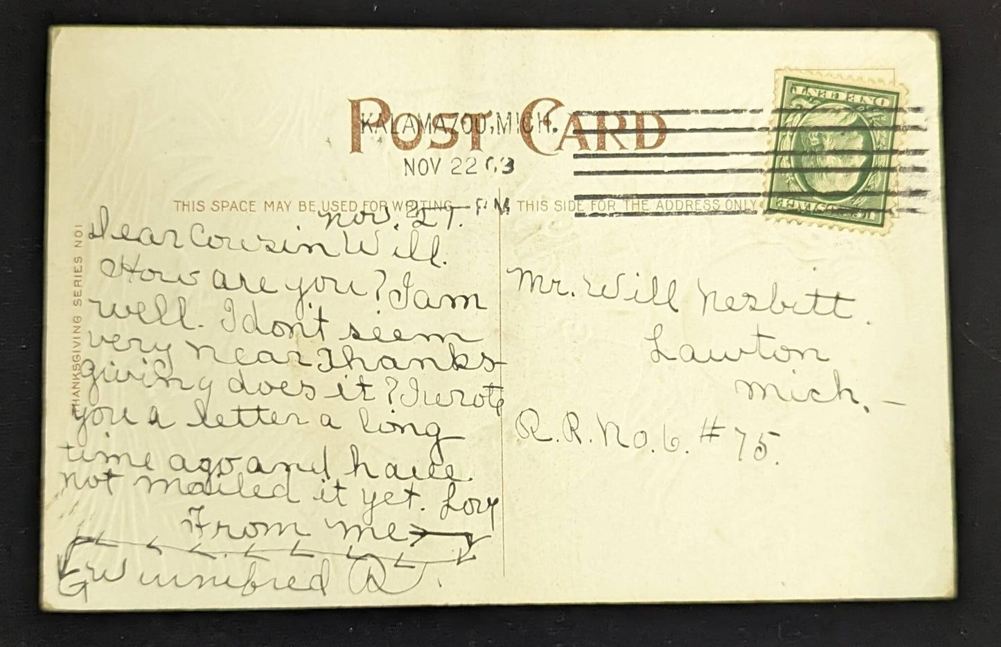 Thanksgiving Greetings Embossed Card 1903 date - Holiday Vintage Postcard