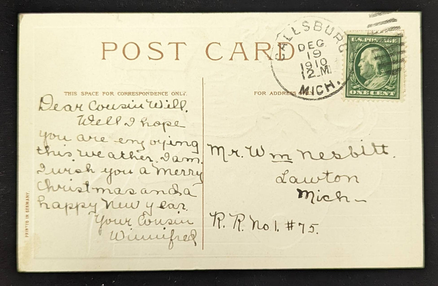 Christmas Greetings - Gingerbreed Man with Girl and Dshshund - Vintage 1910 Christmas Postcard