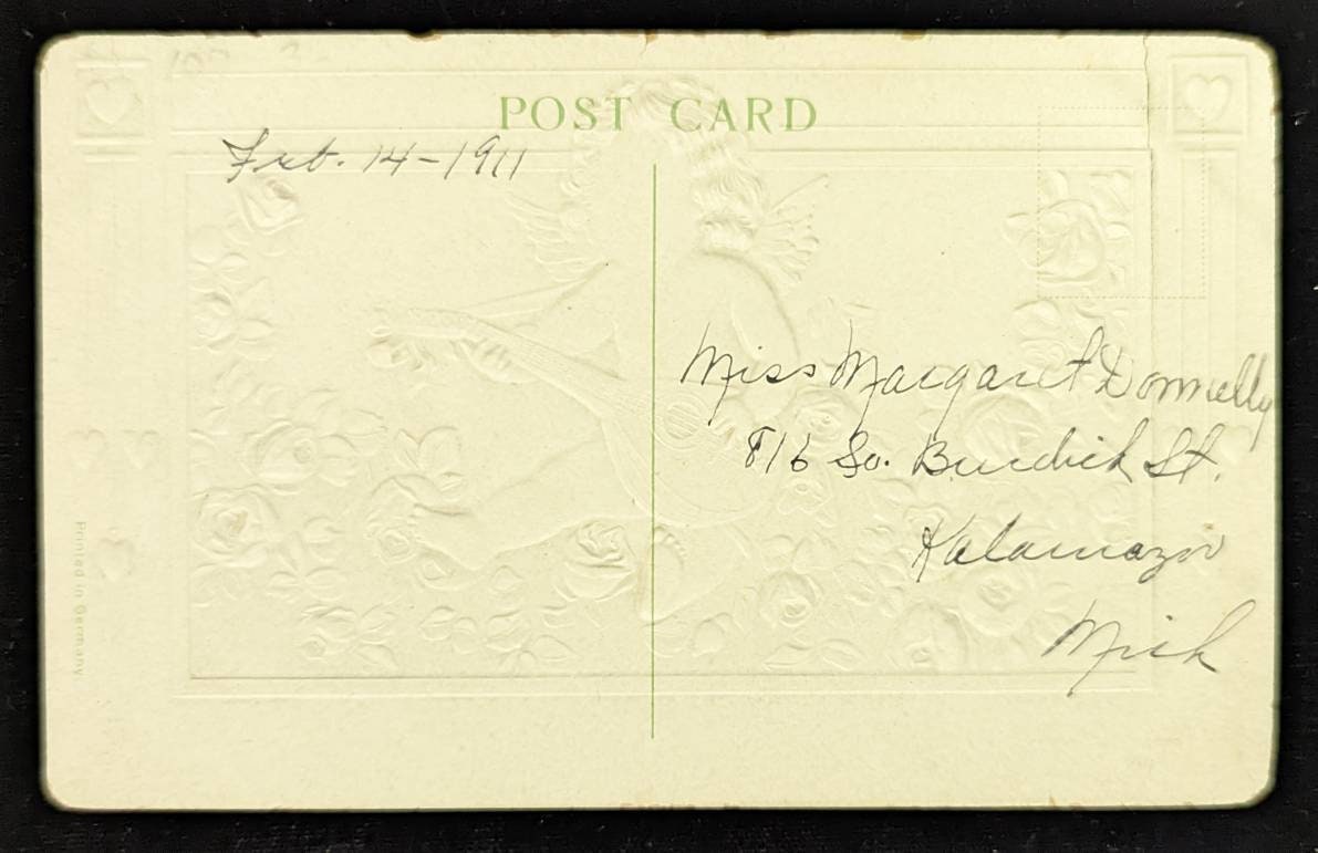 Cupid's Message With Cupid Playing the Guitar - Vitnage Valentine Postcard