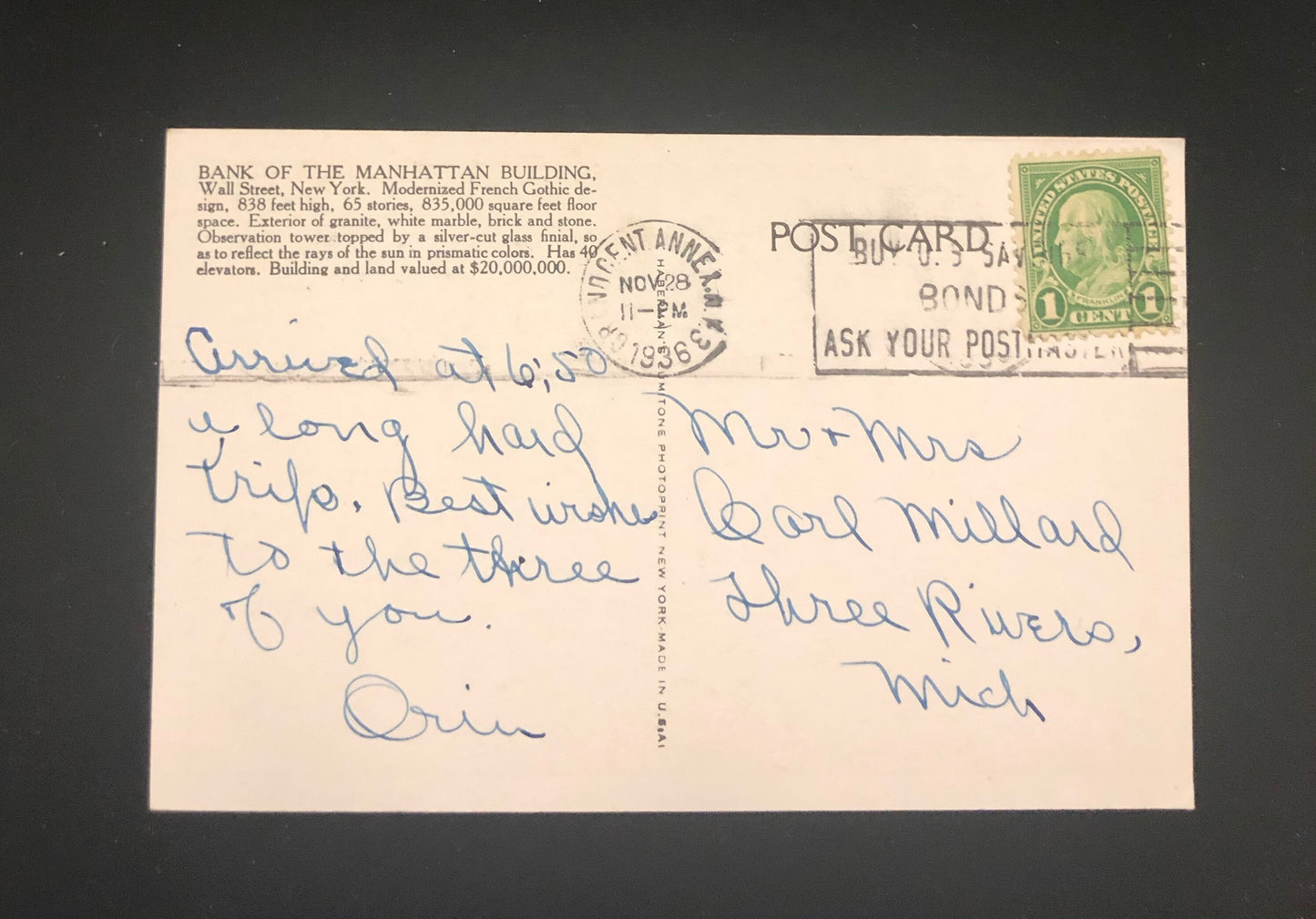 Bank of Manhattan Building- Wall Street, New York City Vintage Postcard