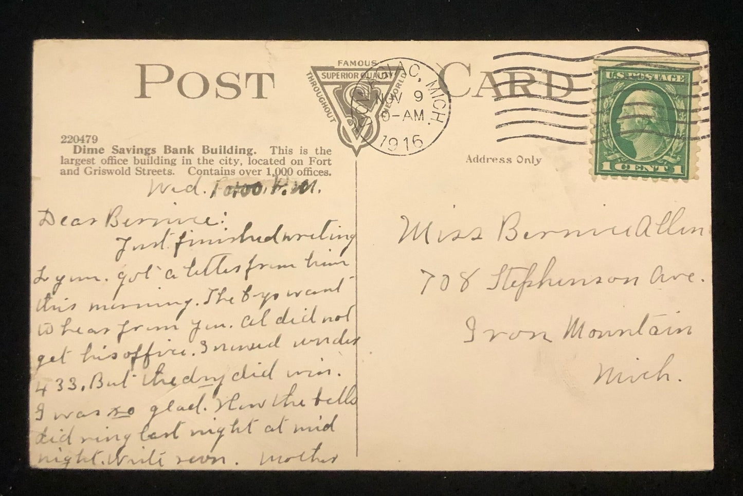 Dime Savings Bank Building, Detroit, Michigan Vintage Postcard