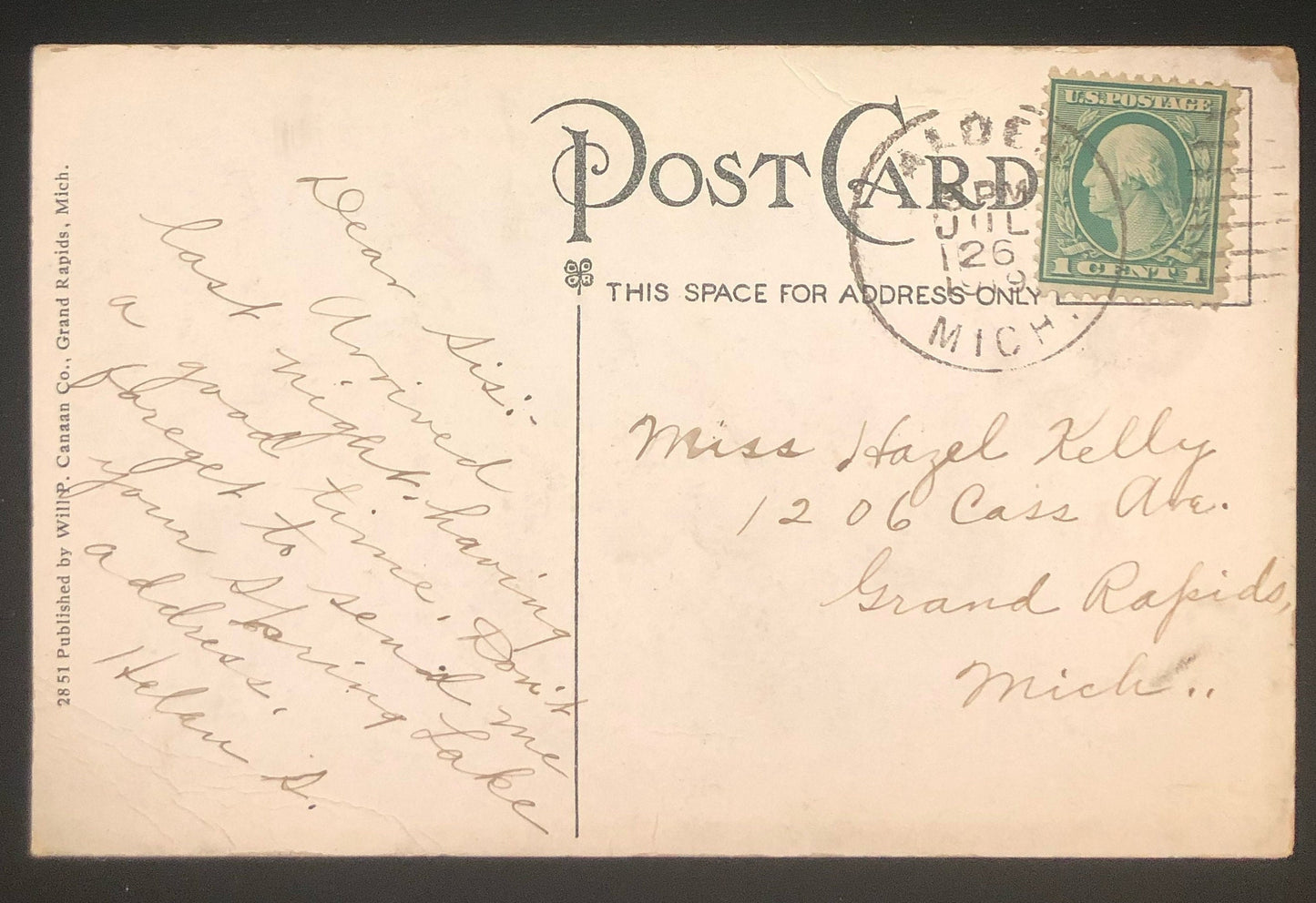 Torch River Scene - Alden, Michigan - Green 1 cent 1908 Geo. Washington Stamp - RARE 1908 Northern Michigan Post Card