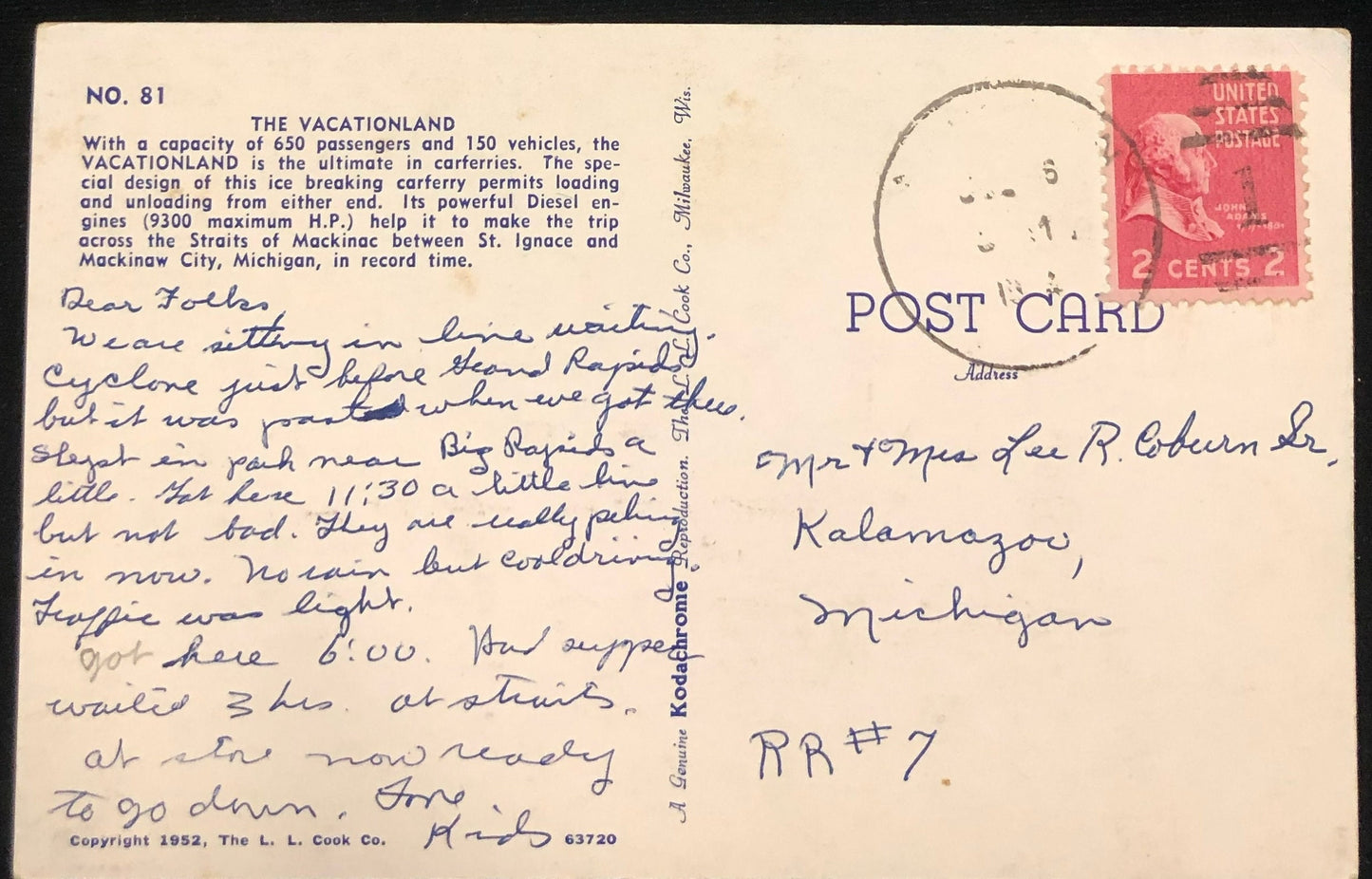 The Vactionland - Michigan State Ferry - Vintage Postcard