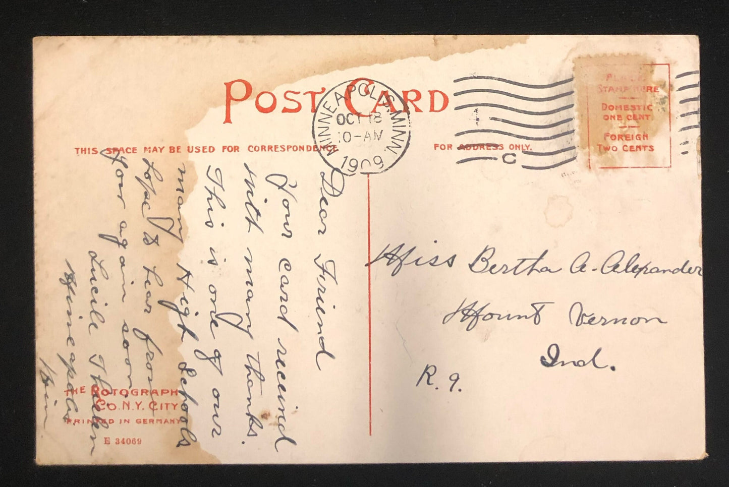 East Side High School - Minneapolis Minnesota - 1909 Postcard