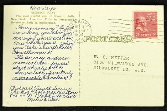 Prospect Point, Niagara Falls, New York - 1938 John Adams Red 2 Cent Stamp, Bell & Howell Advert - V