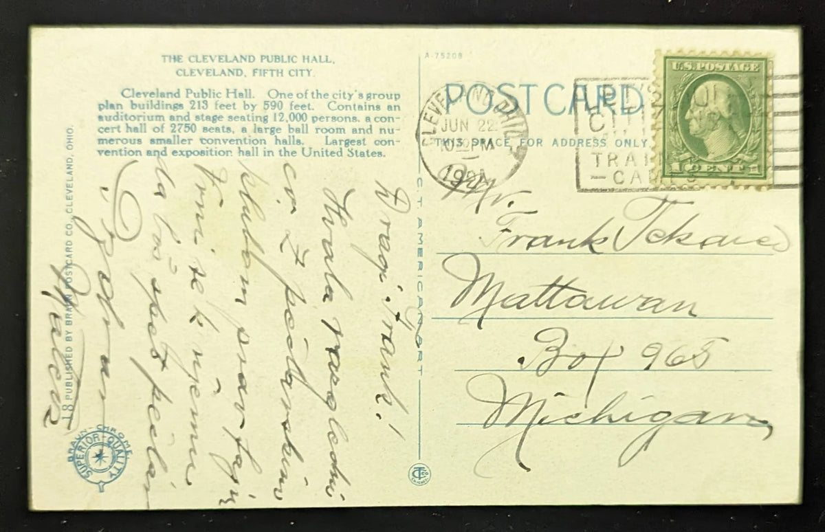 The Cleveland Public Hall, Cleveland, Ohio - Vintage Postcard