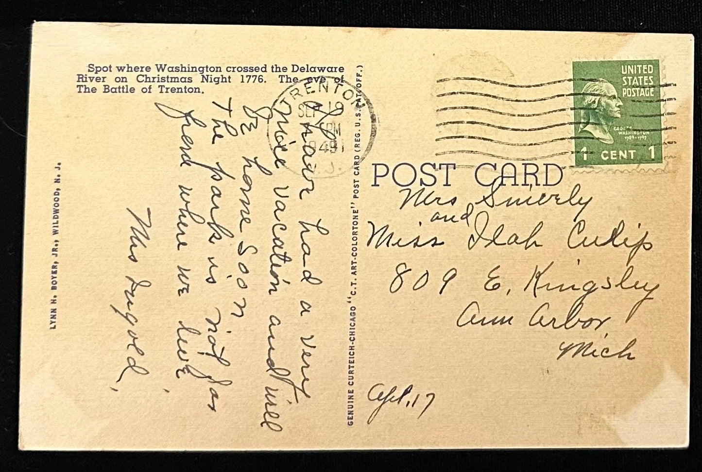 Monument where Washington Crossed the Delaware River, Near Trenton, New Jersey - Vintage Postcard