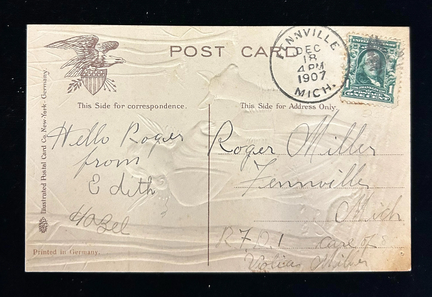 A Merry Christmas - Angel with fawn and lantern - Vintage Holiday Postcard