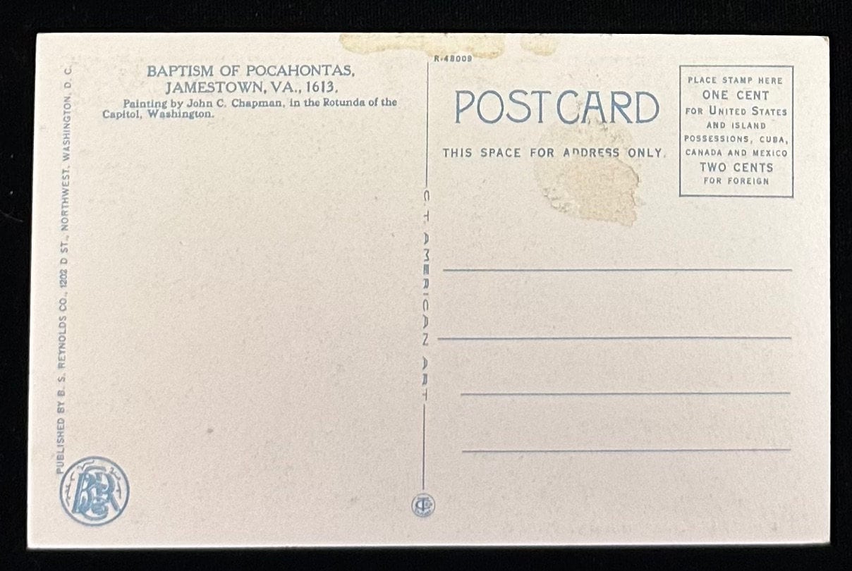 Baptism of Pocahontas, Jamestown, VA., 1613 - Vintage Postcard