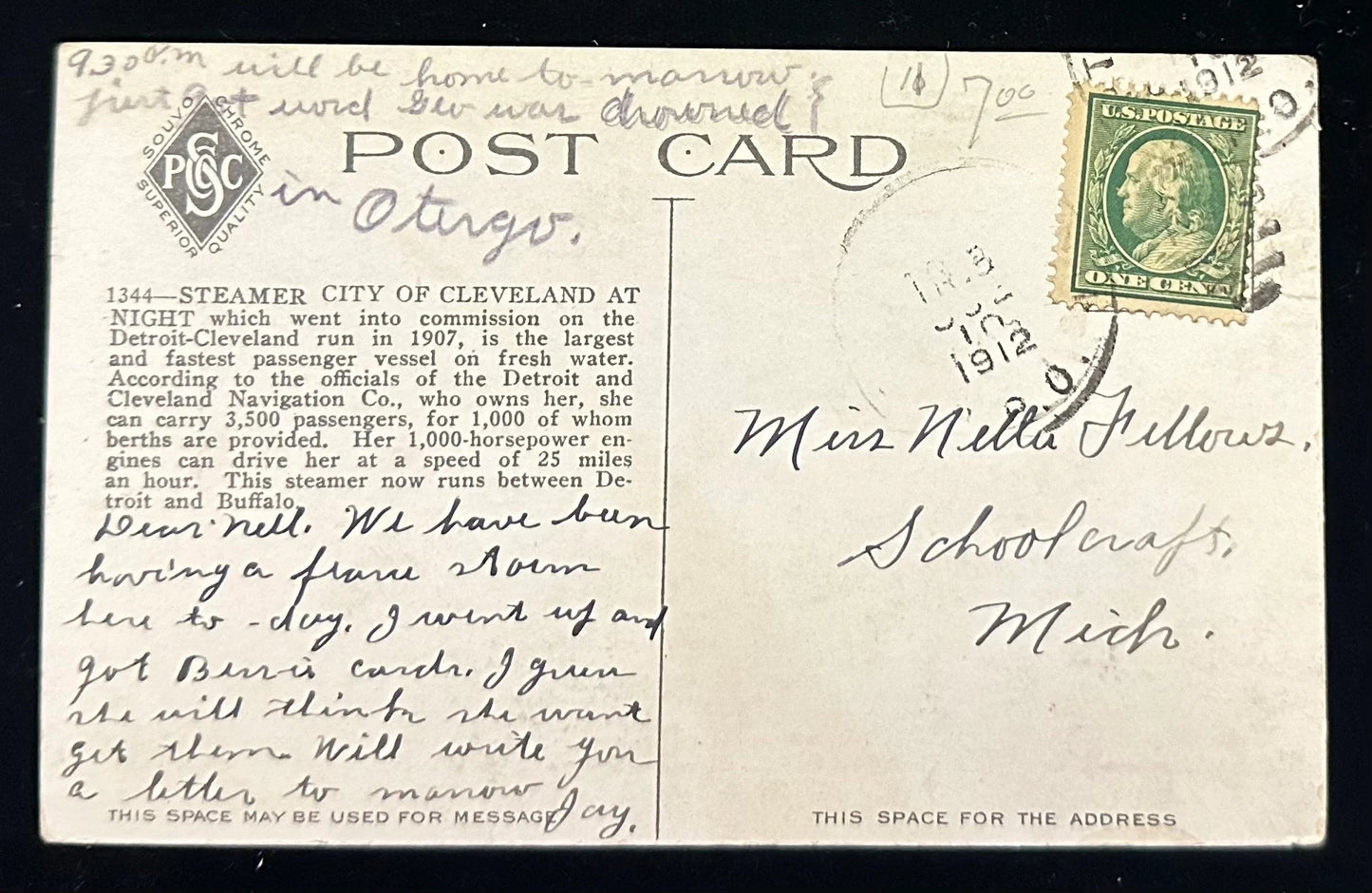Steamer "City of Cleveland" at Night - Vintage Postcard