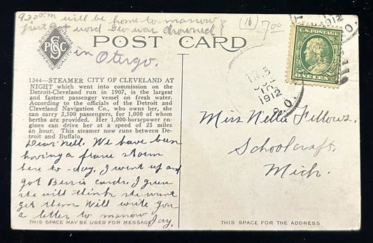Steamer "City of Cleveland" at Night - Vintage Postcard