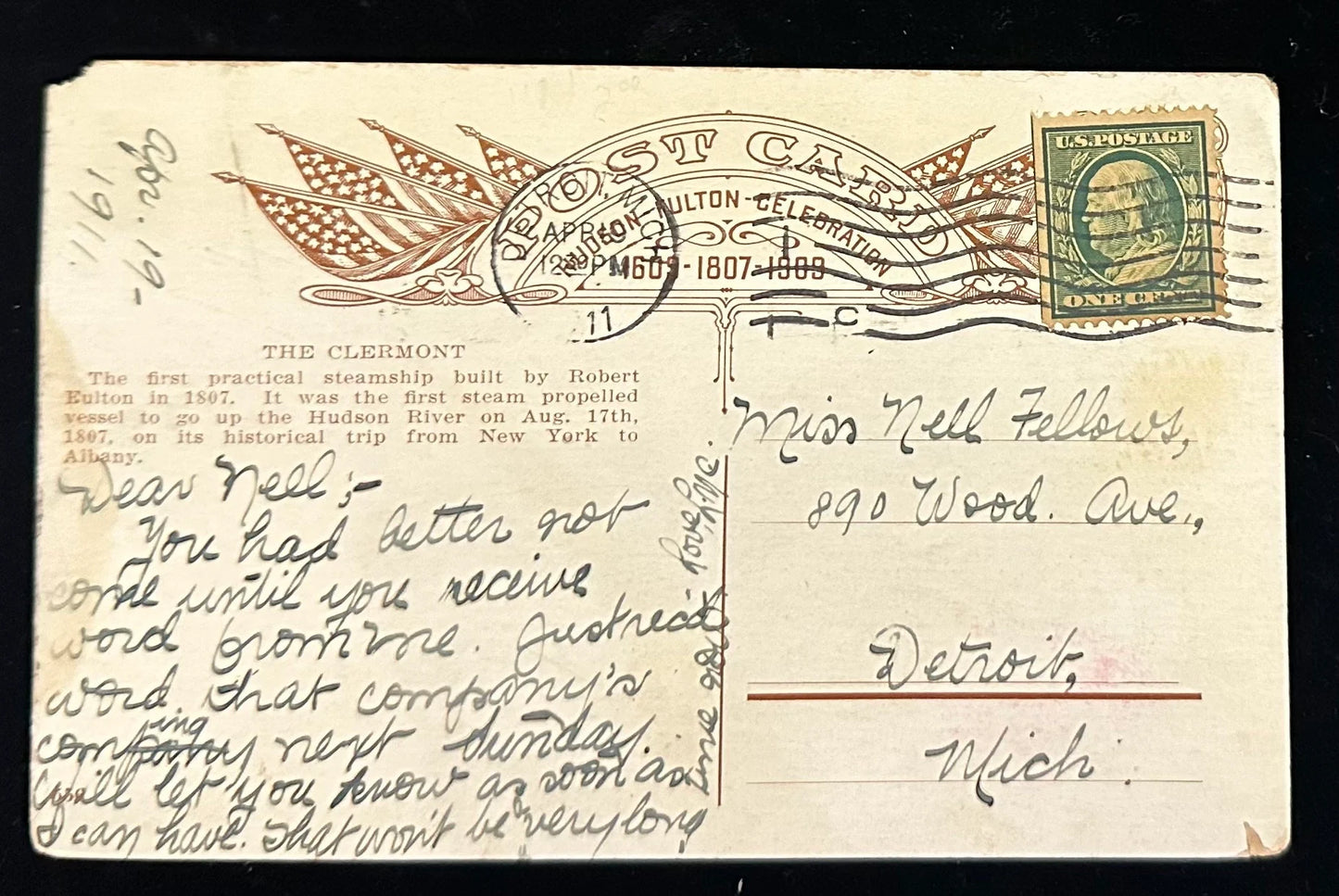 The Clermont, Steamboat on the Hudson River - Vintage Postcard