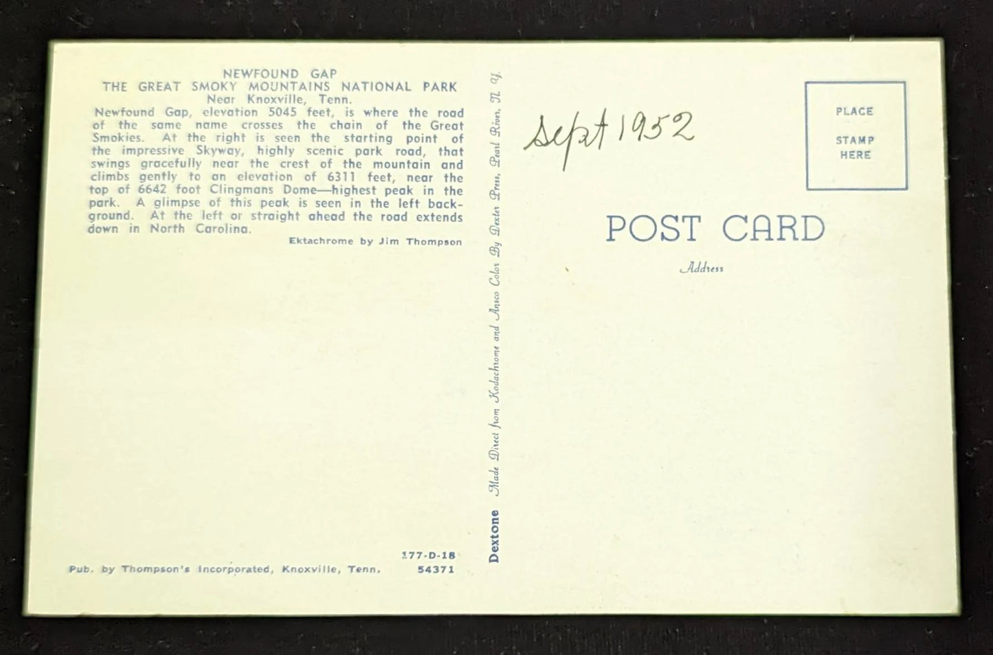 Newfound Gap, The Great Smoky Mountain National Park, Near Knoxville, Tennessee - Vintage Postcard