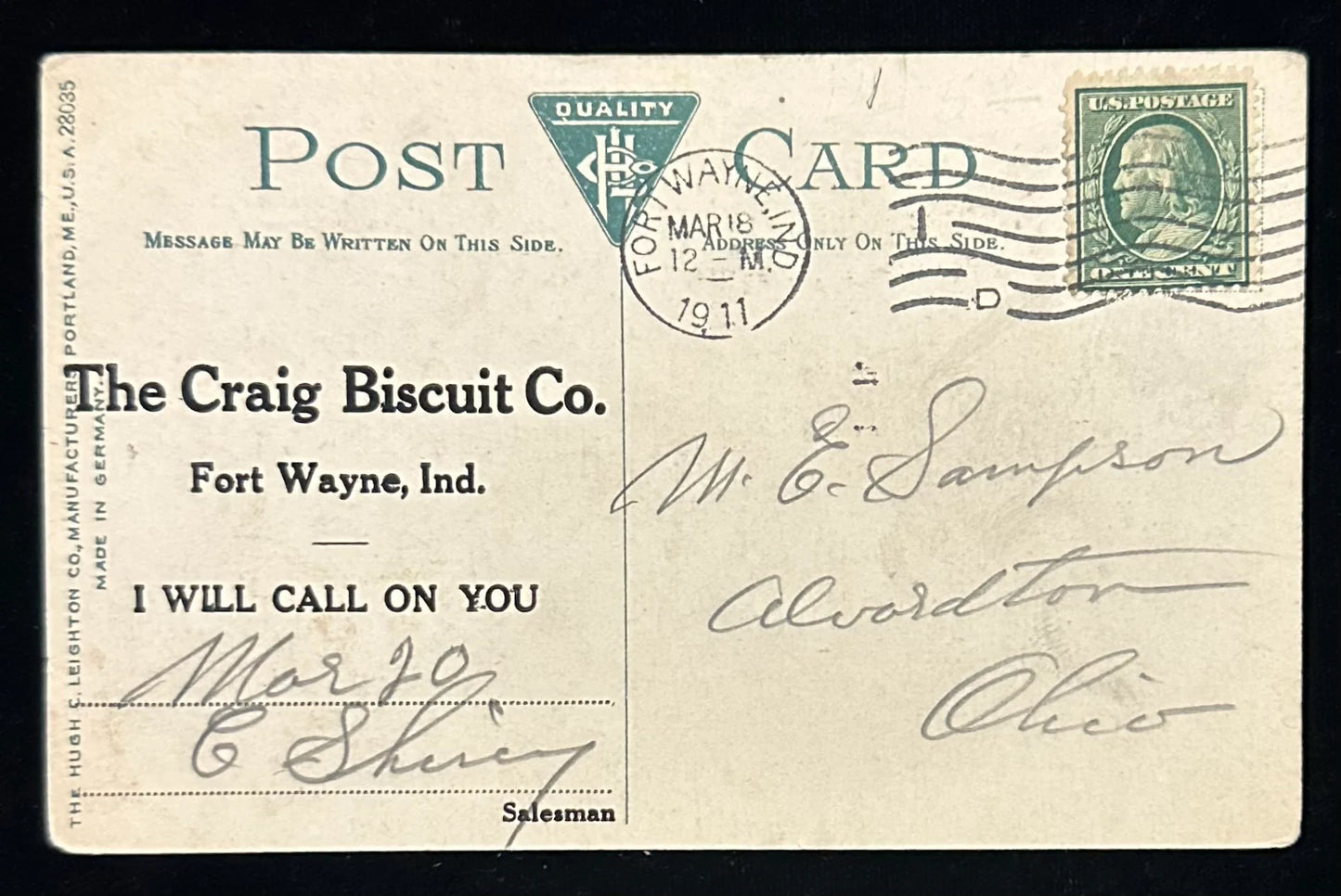 Craig Biscuit Company, Fort Wayne, Indiana - Vintage Advertising Postcard - Photo in 1911 of Panama Canal Construction