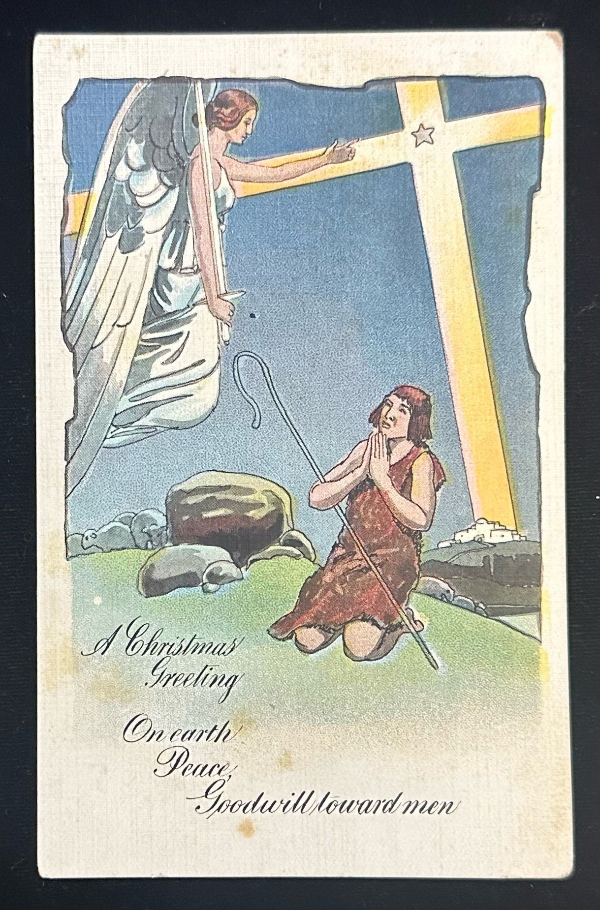 A Christmas Greeting On Earth Peace, Goodwill toward men- Vintage Angel Postcard