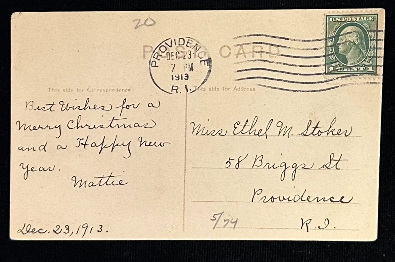 Vintage Christmas postcard with postage stamp and handwritten text, dated December 23, 1913.