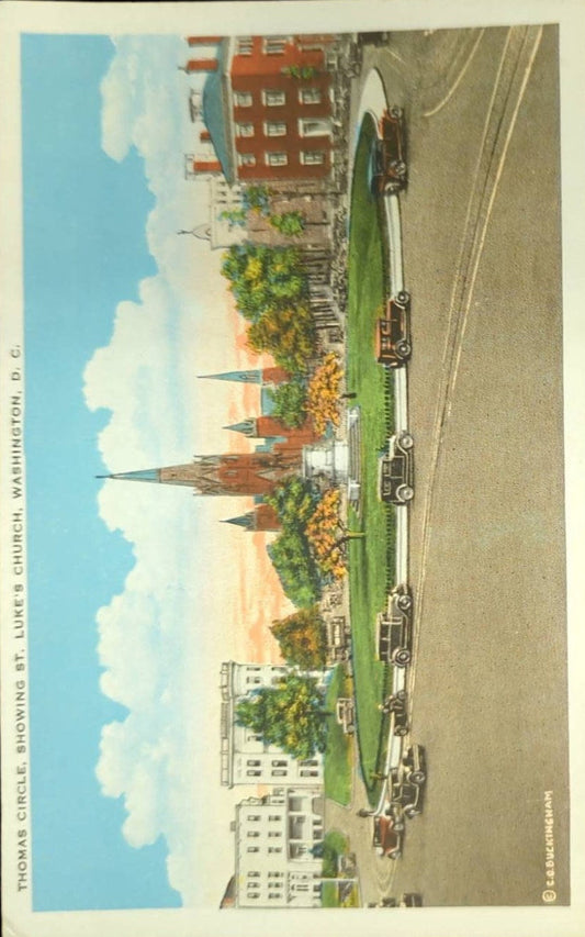 Thomas Circle, Showing St. Luke's Church, Washington, D.C. - Vintage 1930s Postcard