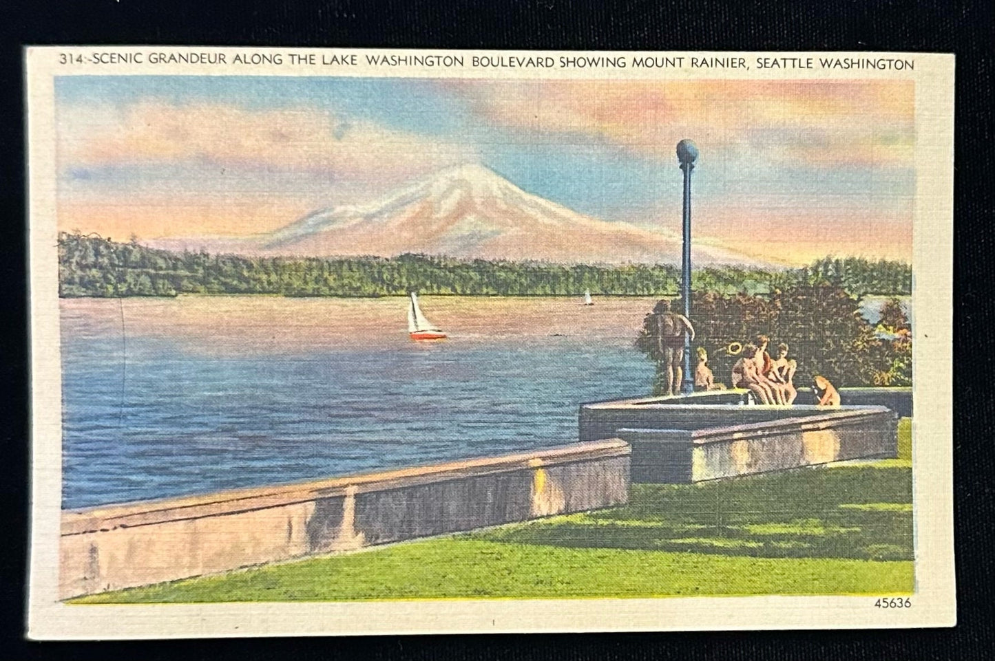 Scenic Grandeur Along the Lake Washington Boulevard - Showing Mount Rainer, Seattle, Washington - 1930s Linen Postcard