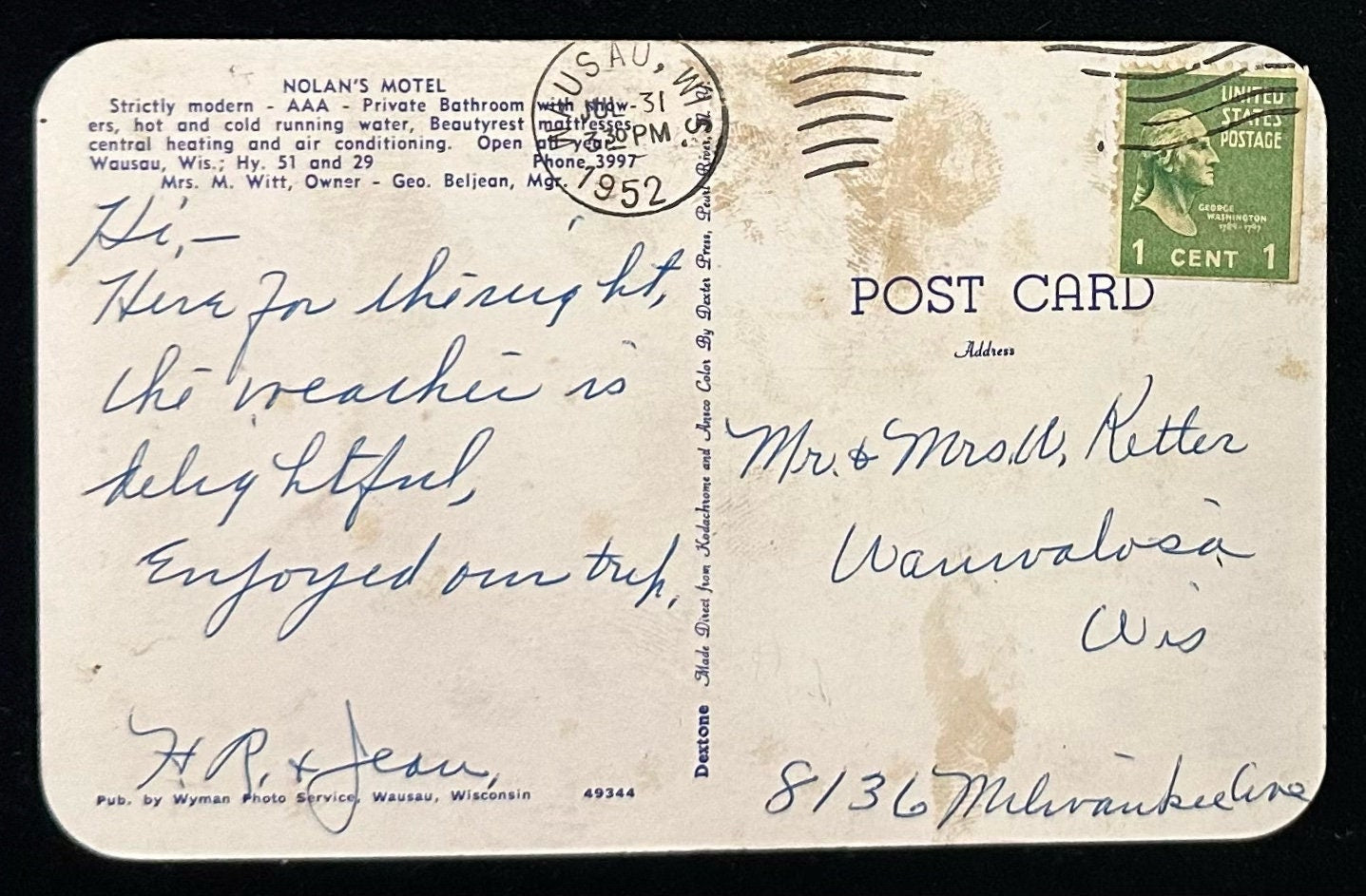 Nolan's Motel - Wausau, Wisconsin- Vintage 1950s Postcard