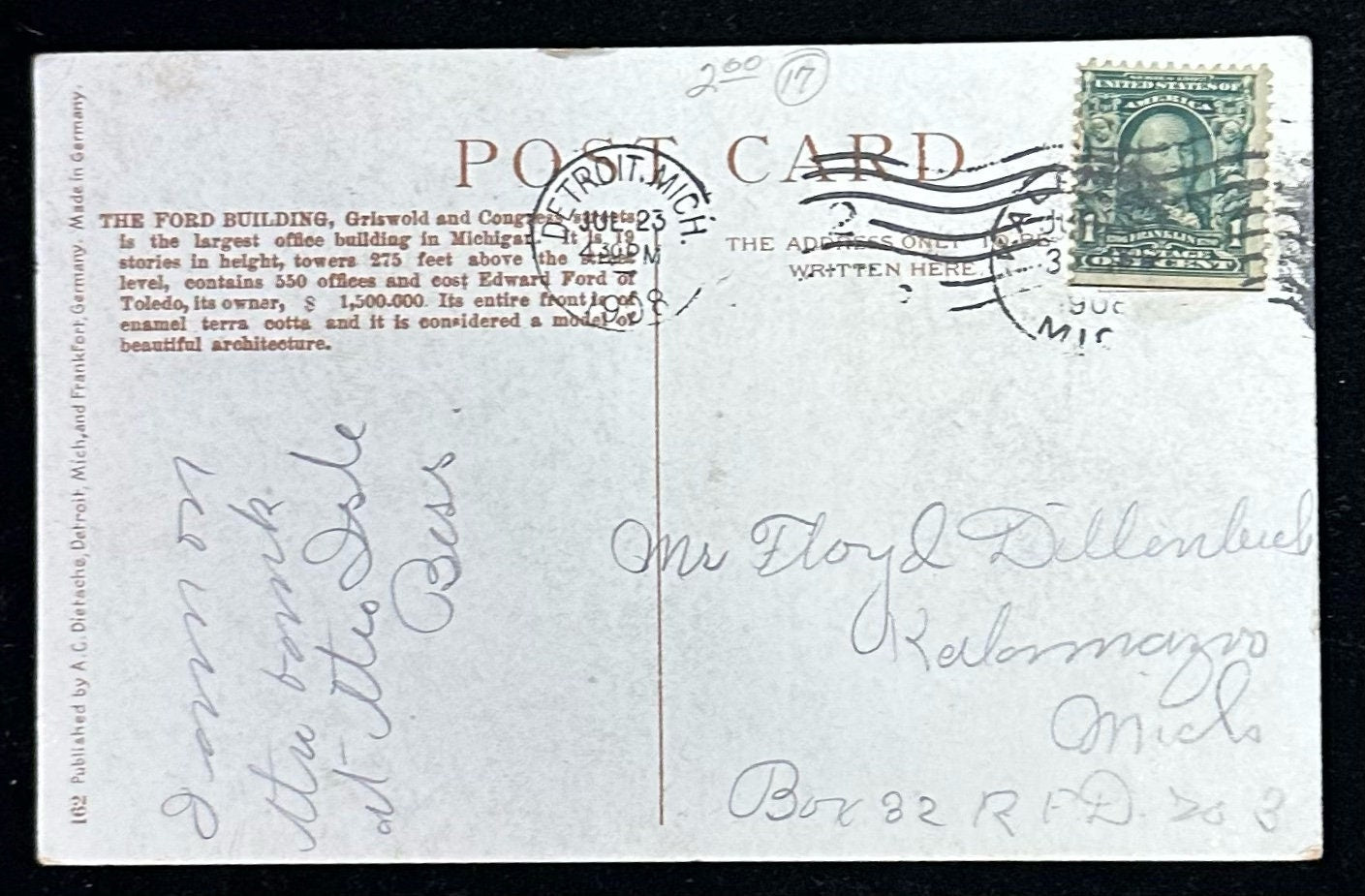 The Ford Building - Detroit, Michigan - 1908 Postcard