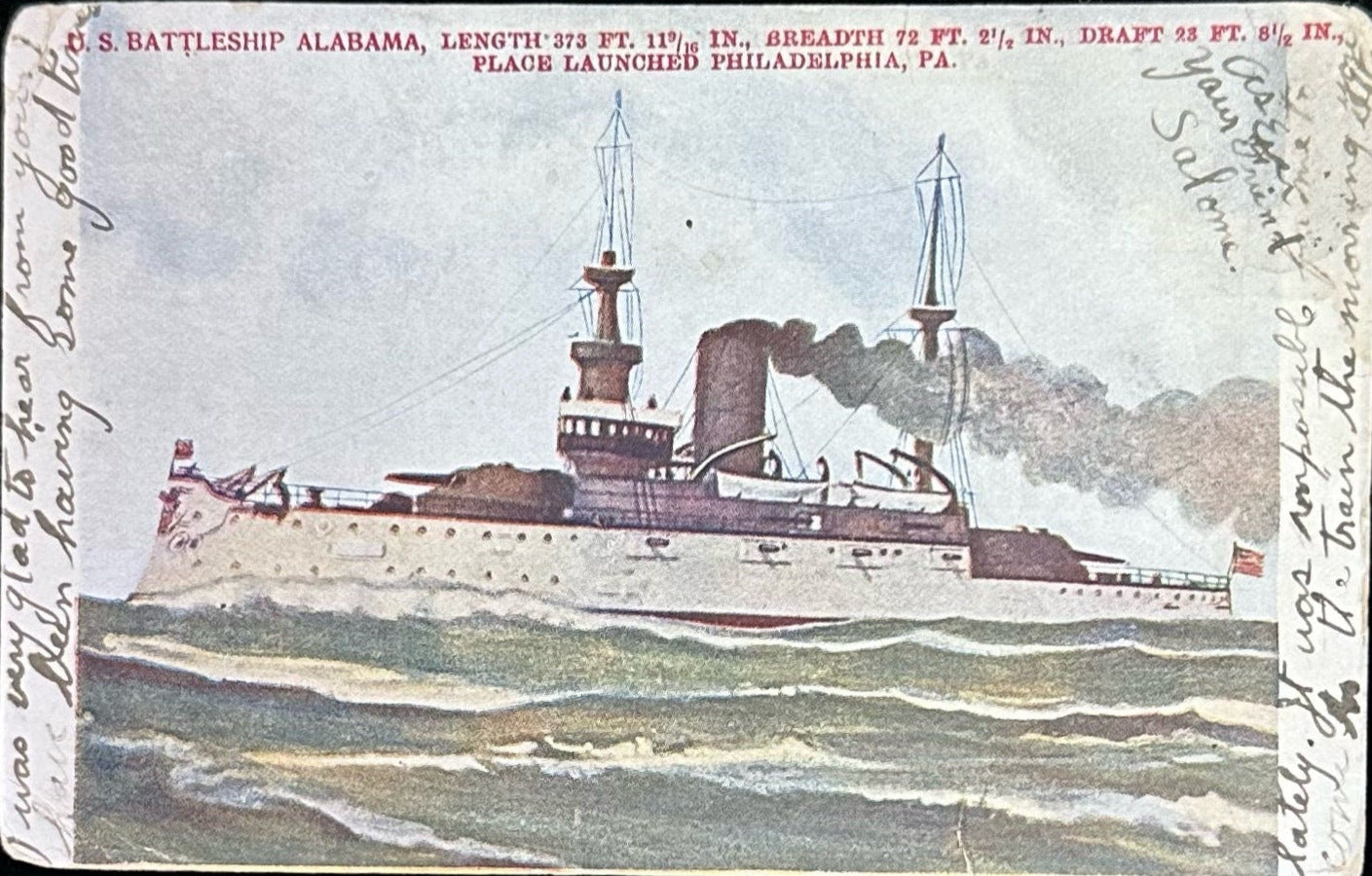U.S. Battleship Alabama - Place Launched Philadelphia, Pennsylvania - 1908 Postcard