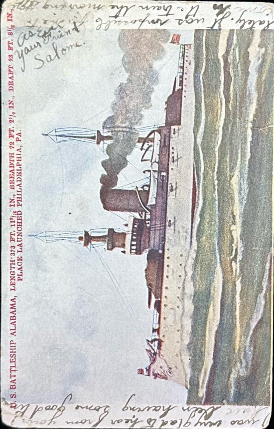 U.S. Battleship Alabama - Place Launched Philadelphia, Pennsylvania - 1908 Postcard