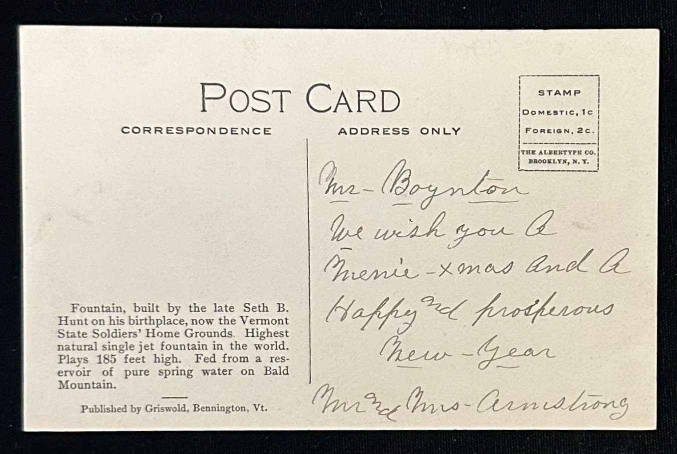 Hunt's Fountain, Bennington, Vermont - Vintage Linen Postcard Copy of Black and White Photo