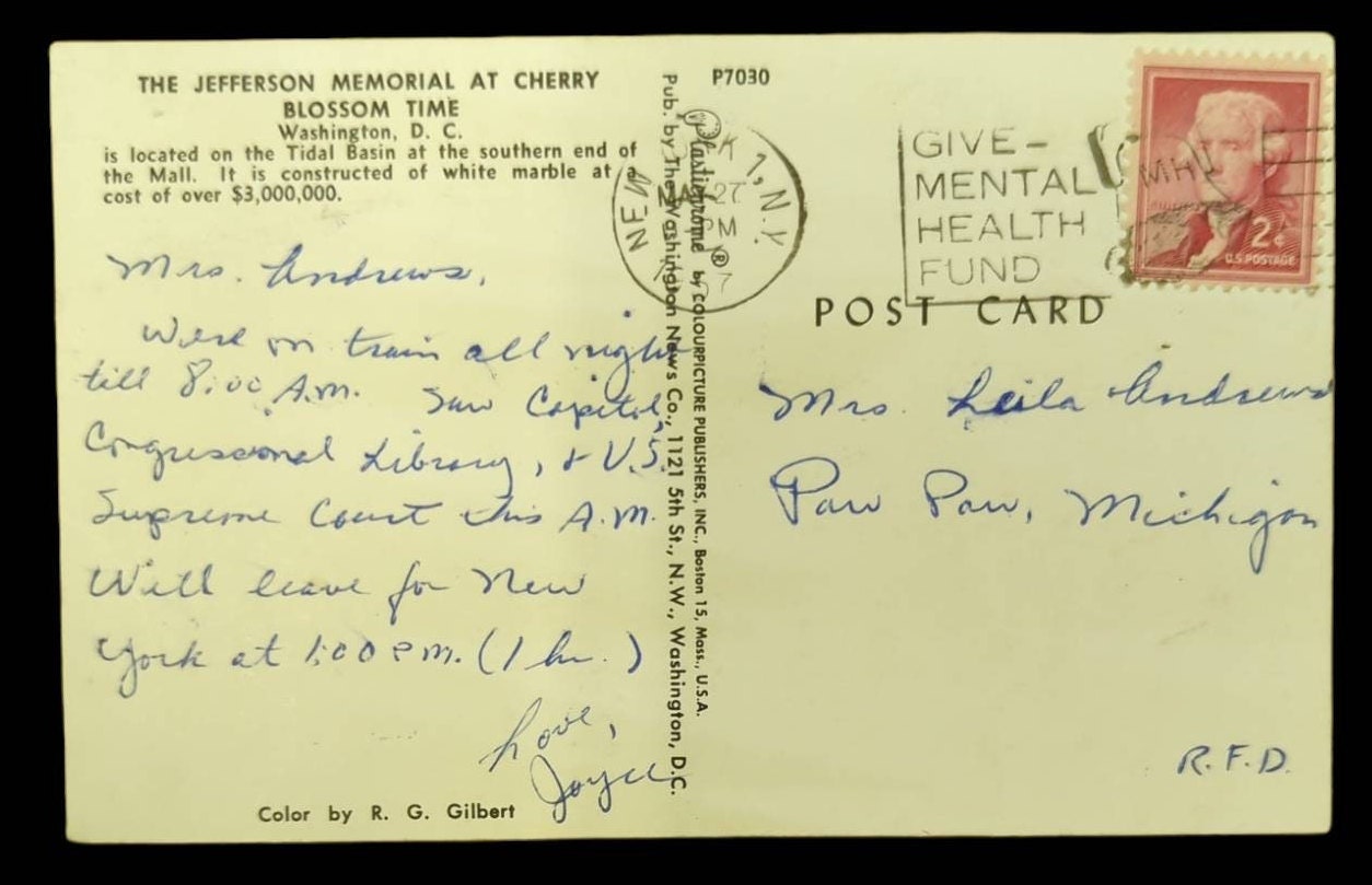 The Jefferson Memorial at Cherry Blossom Time, Washington D.C., Maryland - Vintage 1950s Postcard
