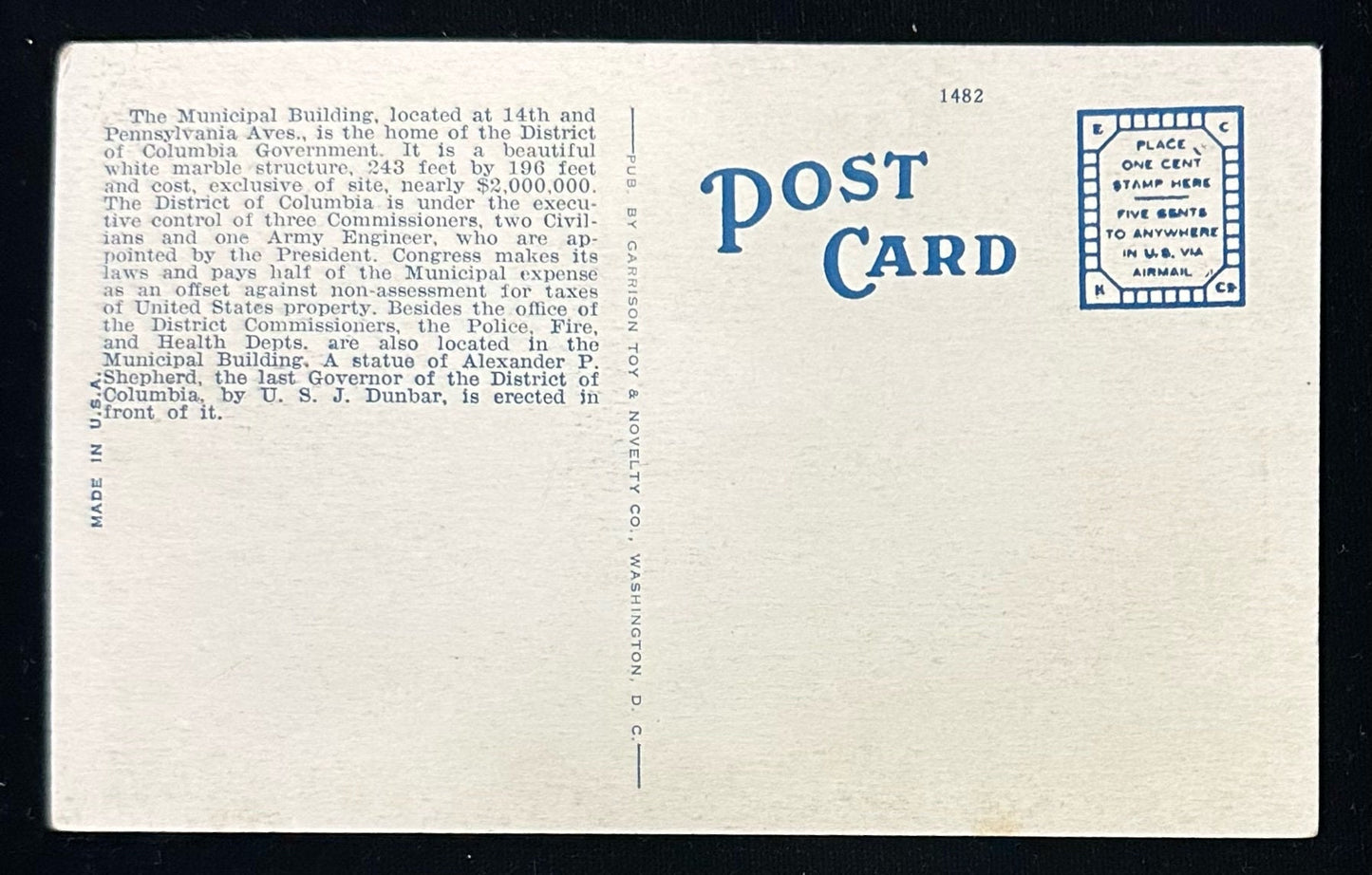 Municipal Building Washington, D.C., Maryland - Vintage 1950s Postcard