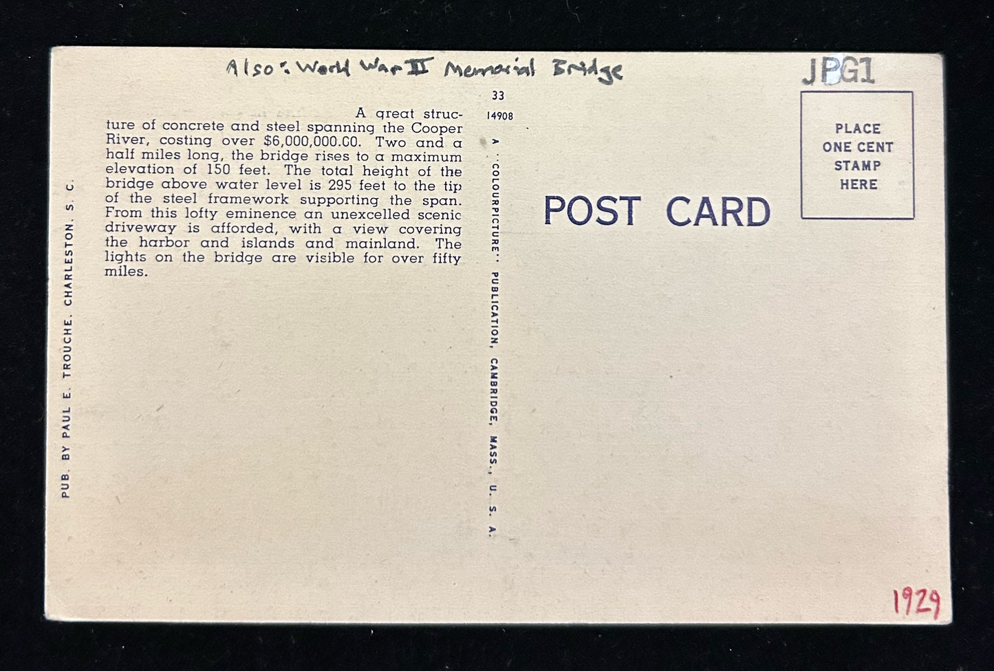 South Carolina Bridges - Broad Street Bridge over Congaree, The Cooper River Bridge, John P. Grace Bridge - Bundle of 3 Cards