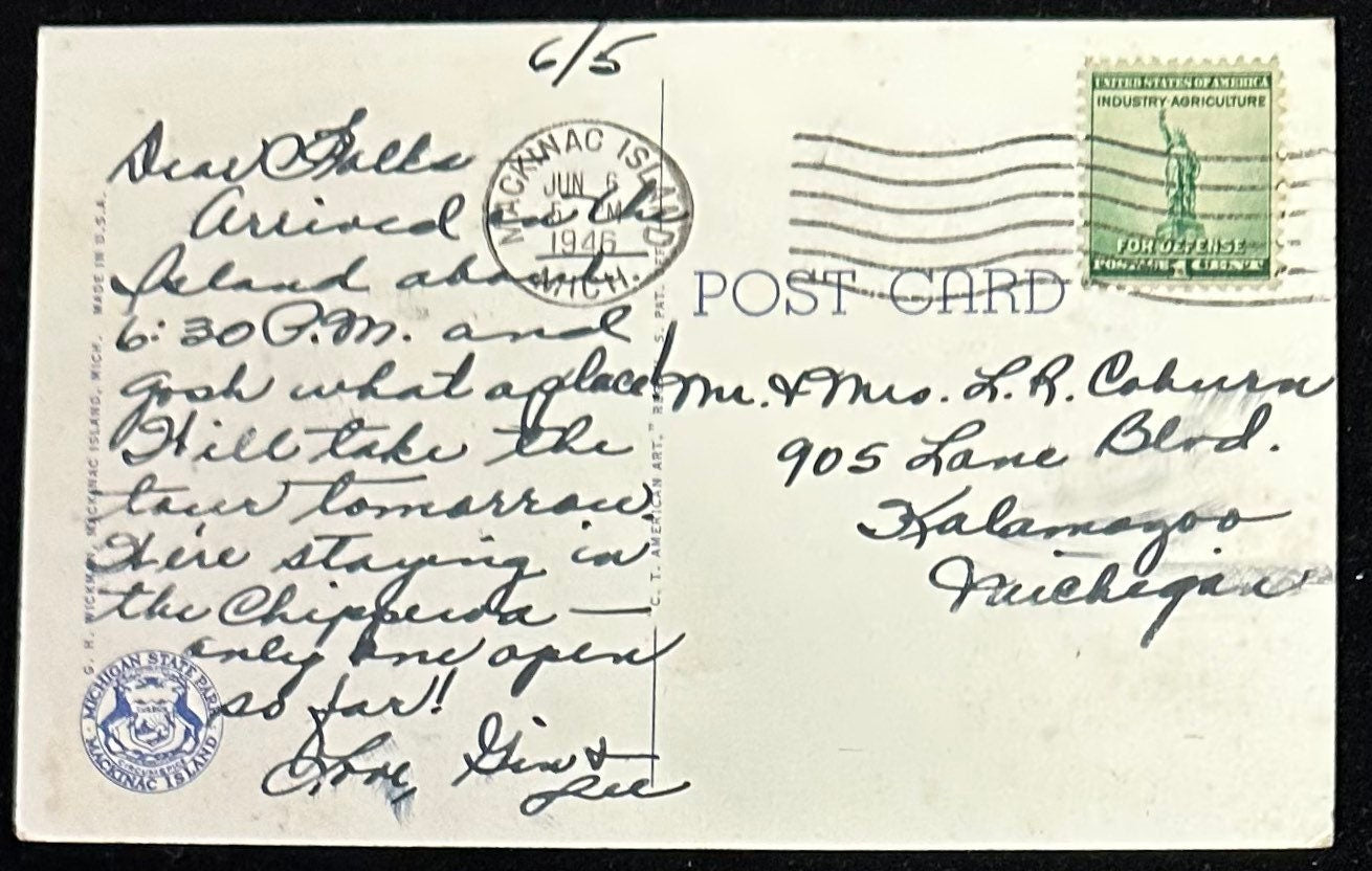 Chippewa Hotel, U.S. Life Saving Station showing Old Fort in Distance, Mackinac Island, Michigan - Linen Vintage Postcard