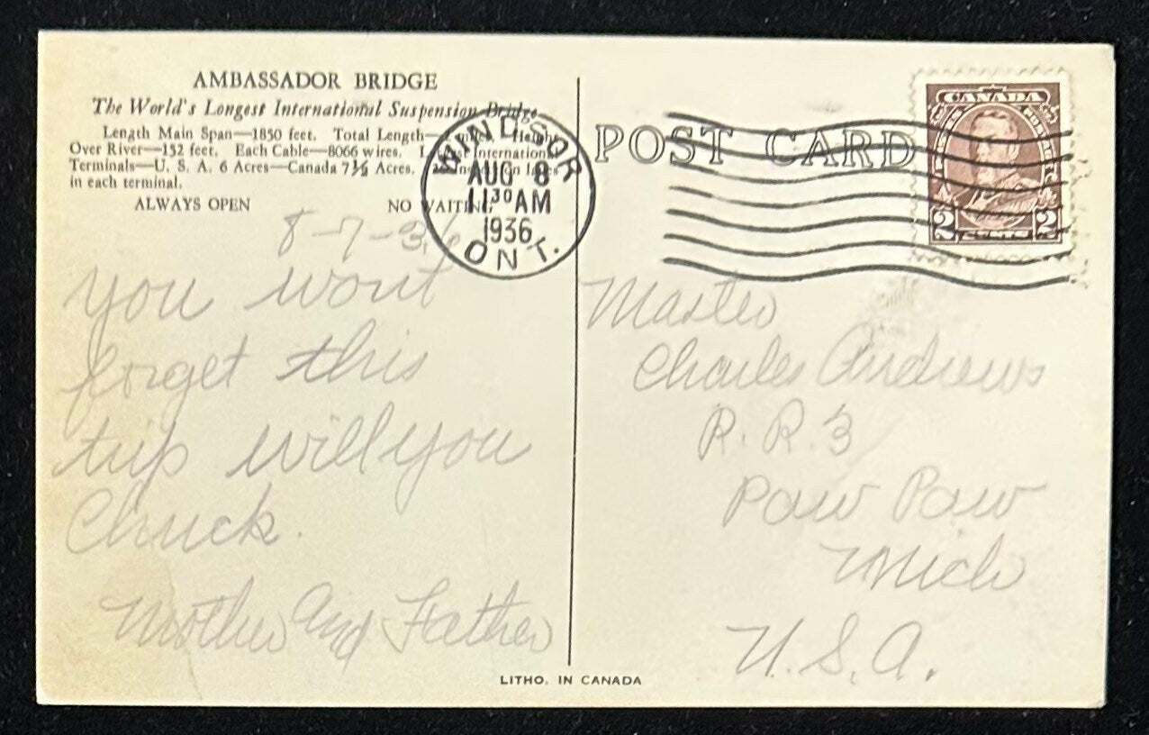Ambassador Bridge, Windsor, Ontario and Detroit, Michigan - Vintage Postcard