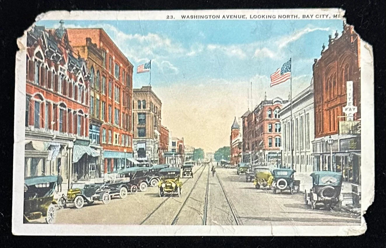 23 Washington Avenue, looking North, Bay City, Michigan - Vintage 1920s Postcard