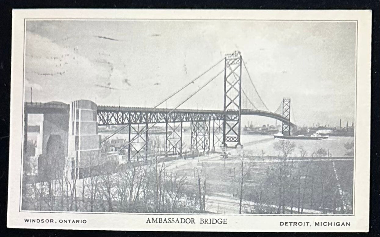 Ambassador Bridge, Windsor, Ontario and Detroit, Michigan - Vintage Postcard